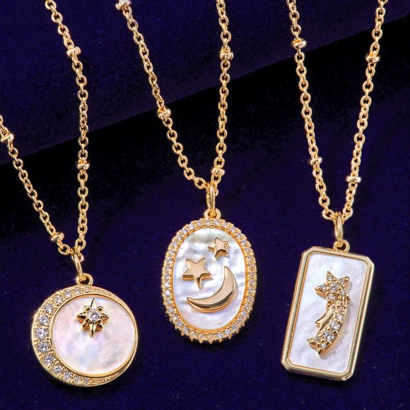 Champagne Gold Necklace with Mother Of Pearl, Round Crescent Moon and star - Picture 4 of 7